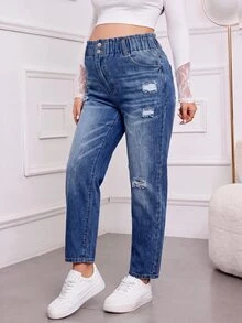 SHEIN 孕婦破洞口袋休閒百搭牛仔褲 - 藍色 - 查看 7