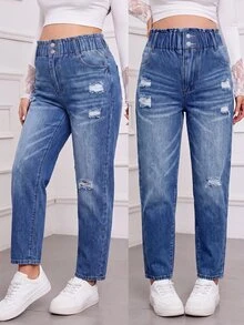SHEIN 孕婦破洞口袋休閒百搭牛仔褲 - 藍色 - 查看 8