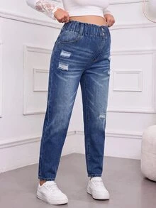 SHEIN 孕婦破洞口袋休閒百搭牛仔褲 - 藍色 - 查看 5