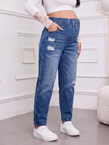 SHEIN 孕婦破洞口袋休閒百搭牛仔褲 - 藍色 - 查看 2