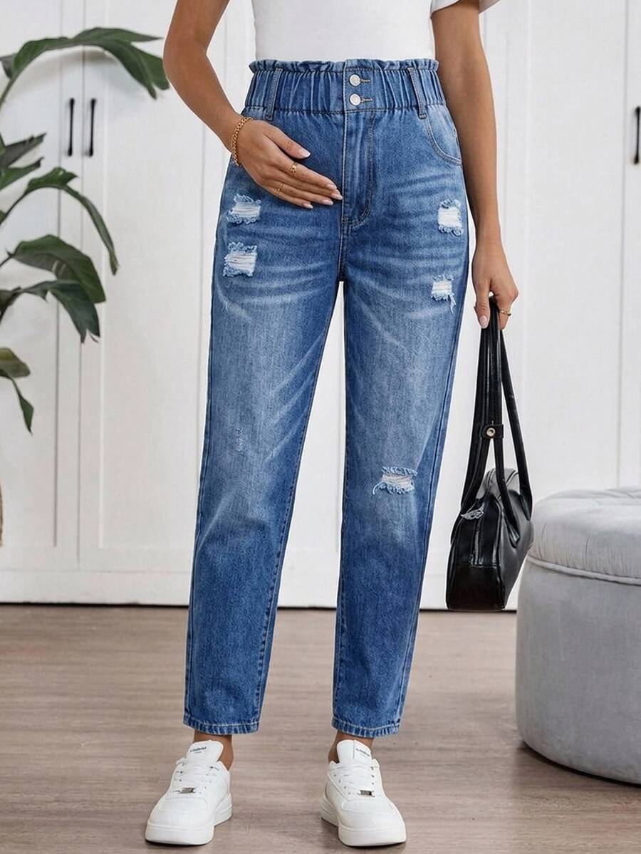 SHEIN 孕婦破洞口袋休閒百搭牛仔褲 - 藍色 - 查看 1