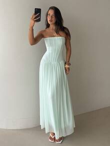 Aloruh Mint Green Elegant Date Vacation Party Prom Herringbone Strapless Asymmetrical Hem Dress For Women Summer - Mint Blue - View 3