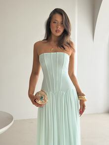 Aloruh Mint Green Elegant Date Vacation Party Prom Herringbone Strapless Asymmetrical Hem Dress For Women Summer - Mint Blue - View 7