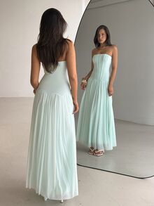 Aloruh Mint Green Elegant Date Vacation Party Prom Herringbone Strapless Asymmetrical Hem Dress For Women Summer - Mint Blue - View 4