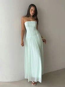 Aloruh Mint Green Elegant Date Vacation Party Prom Herringbone Strapless Asymmetrical Hem Dress For Women Summer - Mint Blue - View 6