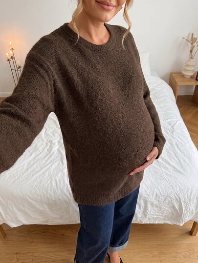 SHEIN Maternity Solid Color Round Neck Drop Shoulder Long Sleeve Casual Sweater