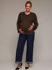 SHEIN Maternity Solid Color Round Neck Drop Shoulder Long Sleeve Casual Sweater - Brown - View 8