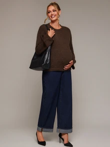 SHEIN Maternity Solid Color Round Neck Drop Shoulder Long Sleeve Casual Sweater - Brown - View 4