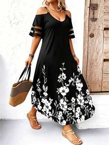 EMERY ROSE Plus Size Shoulder Strap Off-Shoulder Short Sleeve Dress Maxi Women Outfit - Multicolor - View 8