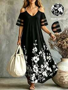 EMERY ROSE Plus Size Shoulder Strap Off-Shoulder Short Sleeve Dress Maxi Women Outfit - Multicolor - View 6