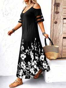 EMERY ROSE Plus Size Shoulder Strap Off-Shoulder Short Sleeve Dress Maxi Women Outfit - Multicolor - View 3