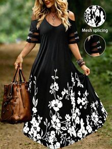 EMERY ROSE Plus Size Shoulder Strap Off-Shoulder Short Sleeve Dress Maxi Women Outfit - Multicolor - View 7