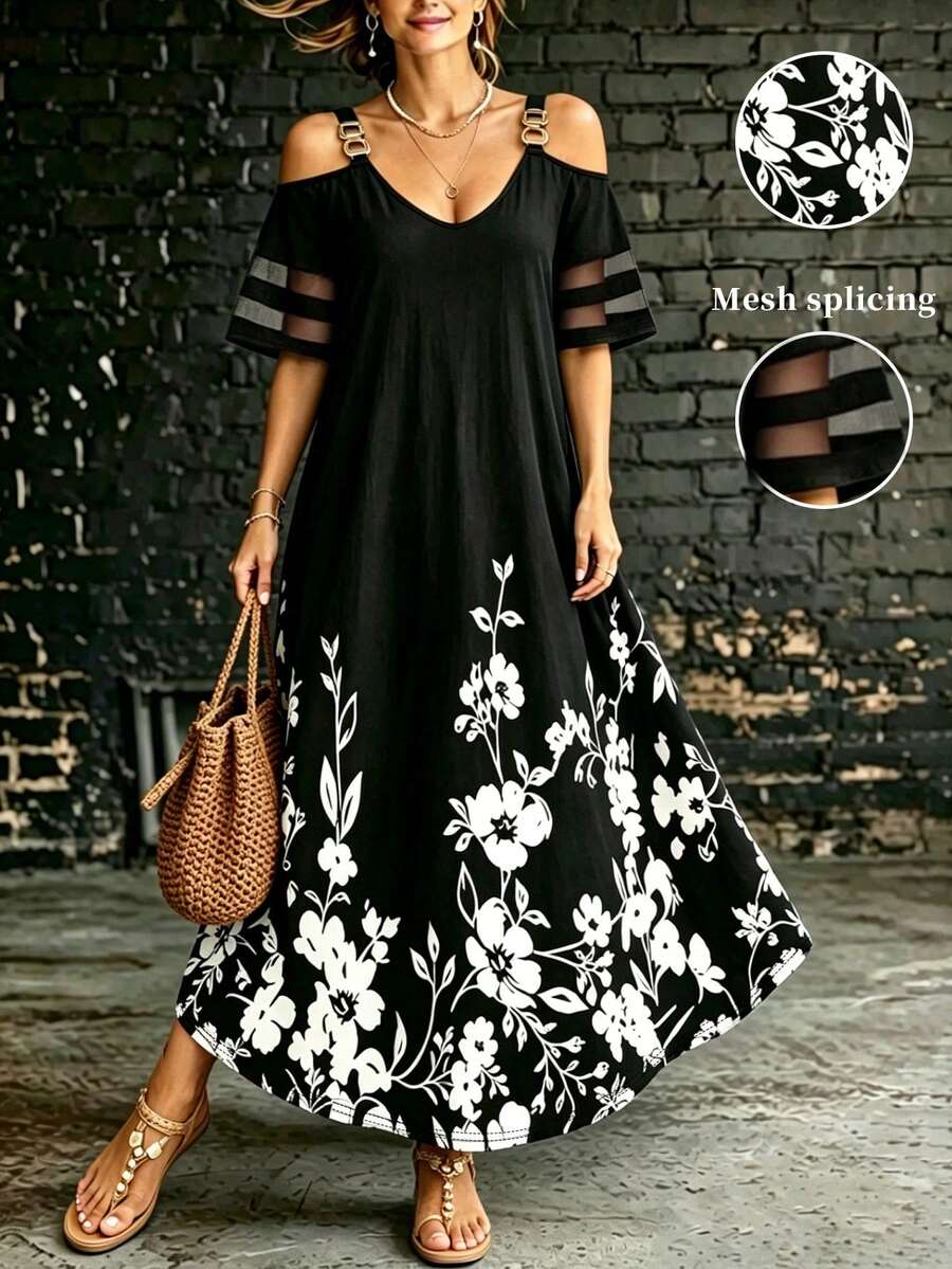 EMERY ROSE Plus Size Shoulder Strap Off-Shoulder Short Sleeve Dress Maxi Women Outfit - Multicolor - View 1