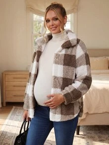 SHEIN Maternity Plaid Long Sleeve Single-Breasted Fleece Loose Regular Fit Jacket - Multicolor - View 2
