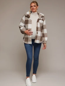 SHEIN Maternity Plaid Long Sleeve Single-Breasted Fleece Loose Regular Fit Jacket - Multicolor - View 5