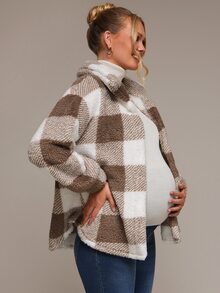SHEIN Maternity Plaid Long Sleeve Single-Breasted Fleece Loose Regular Fit Jacket - Multicolor - View 6