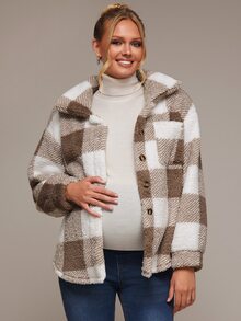 SHEIN Maternity Plaid Long Sleeve Single-Breasted Fleece Loose Regular Fit Jacket - Multicolor - View 3