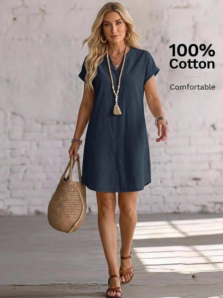 EMERY ROSE Women's Solid Color Notched V-Neck Short Sleeve Single-Breasted Casual Modest Dress Brunch Vacation Vacation Navy Blue Summer Summer - Navy Blue - View 1