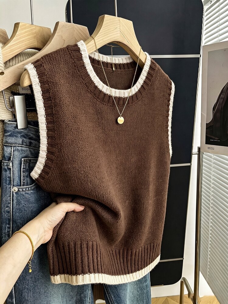 Franclia Casual Loose Round Neck Sleeveless Knit Contrast Trim Khaki Spring/Autumn Women's Sweater Top - Multicolor - View 1