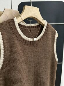 Franclia 休閒寬鬆圓領無袖針織對比飾邊卡其色春秋女款毛衣上衣 - 彩色 - 查看 6