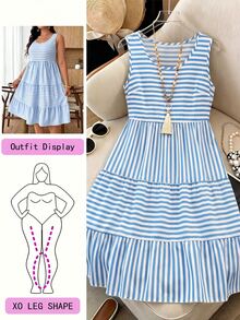 Breezaya Plus Size Women Casual Striped Dress, Fashionable Choice For Summer Vacation - Blue - View 1