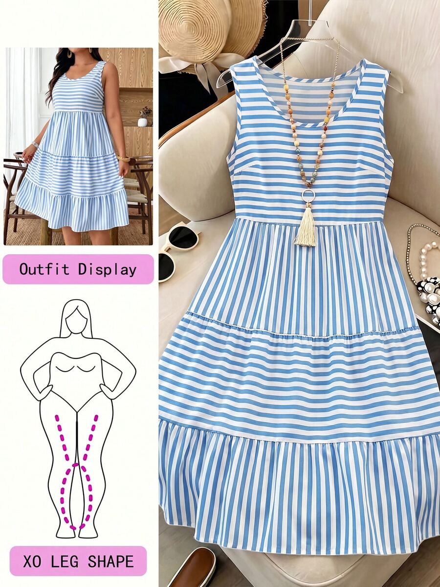 Breezaya Plus Size Women Casual Striped Dress, Fashionable Choice For Summer Vacation - Blue - View 1