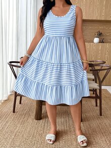 Breezaya Plus Size Women Casual Striped Dress, Fashionable Choice For Summer Vacation - Blue - View 5