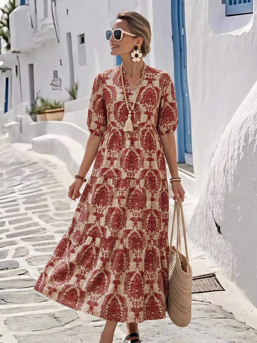 SHEIN LUNE Women's Casual Vintage Mid-Length Dress With Small V-Neck, Mid-Sleeves And Color Block Patchwork Design, Spring/Summer Vacation Beige - Redwood - View 1