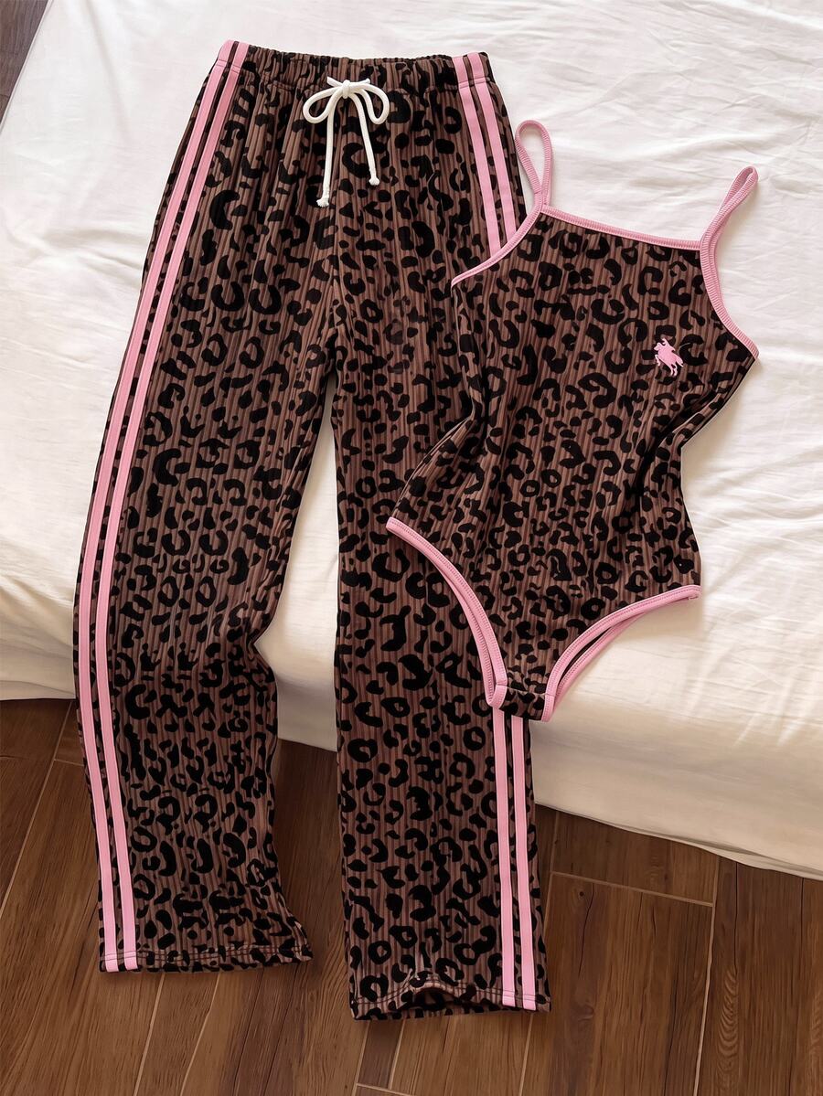 SHEIN 青少年女孩豹紋粉色拼接連身褲套裝休閒運動街頭風 - 彩色 - 查看 1