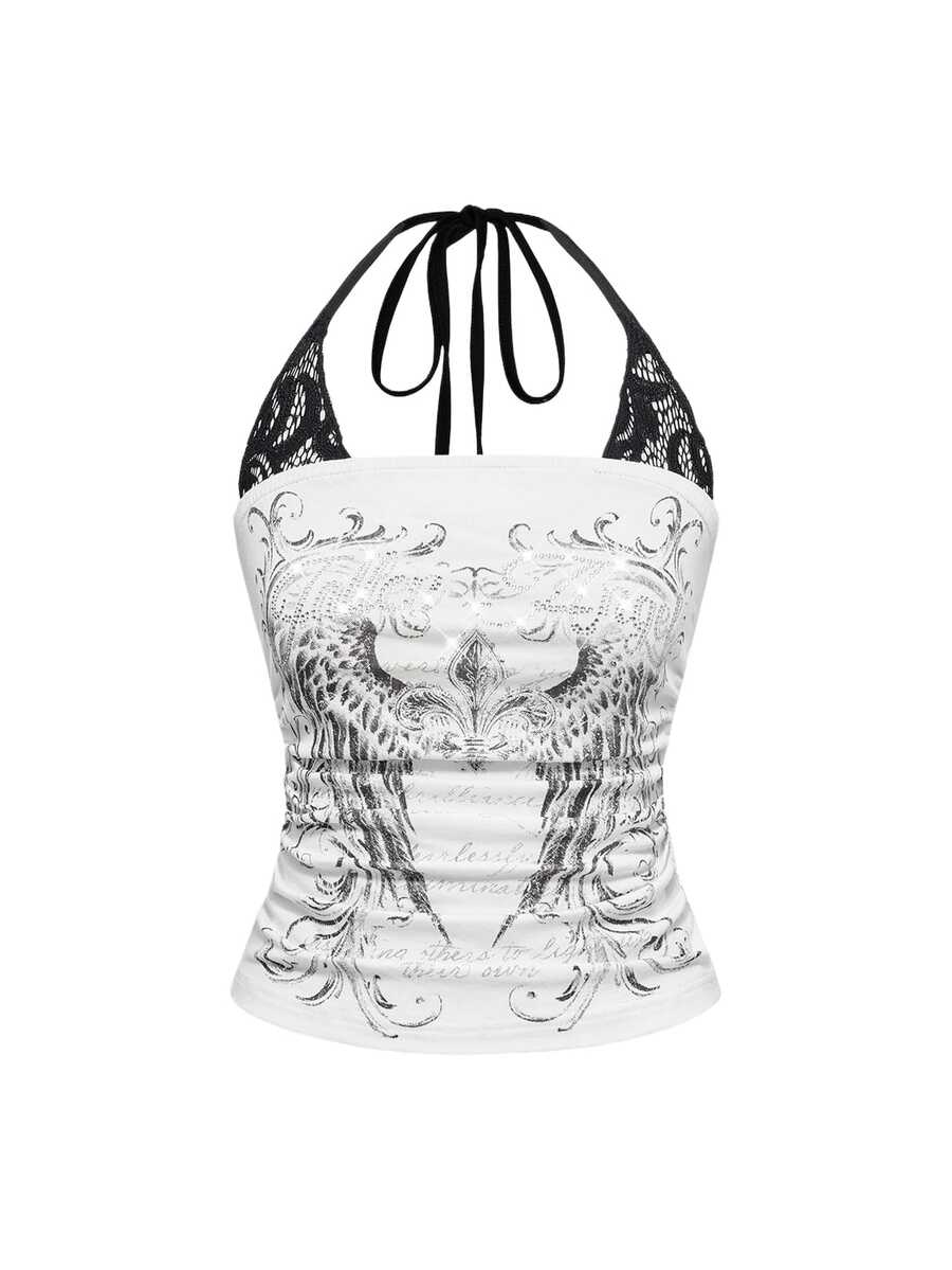 ROMWE J-Fashion Spring/Summer Y2K Kpop Concert Punk Skeleton Print 2 In 1 Contrast Lace Sleeveless Top - White - View 1