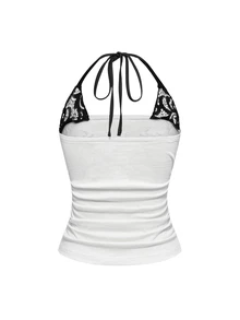 ROMWE J-Fashion Spring/Summer Y2K Kpop Concert Punk Skeleton Print 2 In 1 Contrast Lace Sleeveless Top - White - View 2