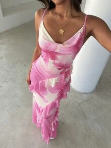 Aloruh 渐变花卉印花浪漫约会度假吊带修身荷叶边连衣裙（女款） - 彩色 - 查看 5