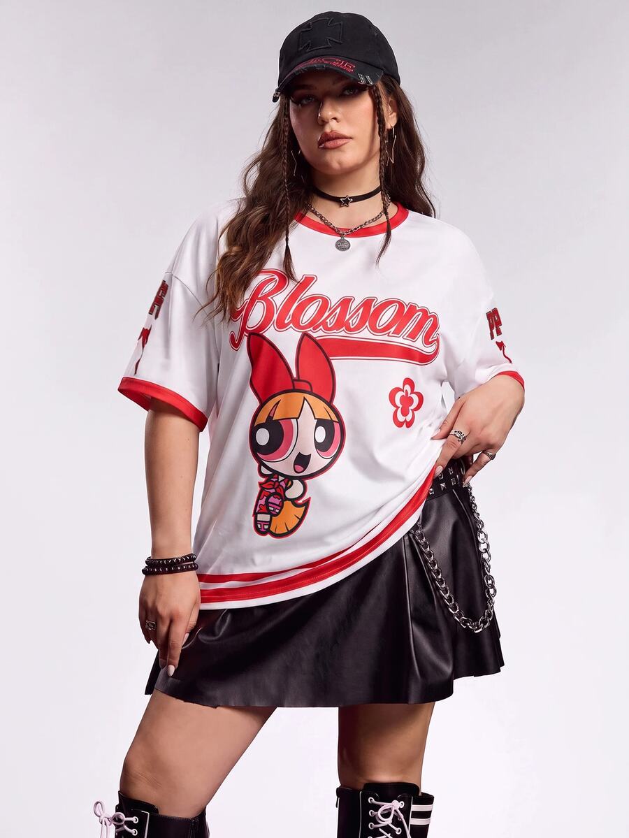 THE POWERPUFF GIRLS X SHEIN Plus Size Summer Casual Streetwear Letter Cartoon Graphic Round Neck Short Sleeve T-Shirt Back-To-School Graduation White - Red and White - View 1