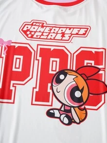THE POWERPUFF GIRLS X SHEIN Plus Size Summer Casual Streetwear Letter Cartoon Graphic Round Neck Short Sleeve T-Shirt Back-To-School Graduation White - Red and White - View 4