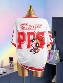 THE POWERPUFF GIRLS X SHEIN Plus Size Summer Casual Streetwear Letter Cartoon Graphic Round Neck Short Sleeve T-Shirt Back-To-School Graduation White - Red and White - View 2