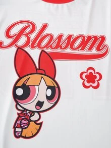 THE POWERPUFF GIRLS X SHEIN Plus Size Summer Casual Streetwear Letter Cartoon Graphic Round Neck Short Sleeve T-Shirt Back-To-School Graduation White - Red and White - View 5