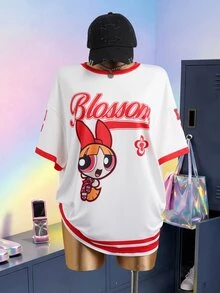 THE POWERPUFF GIRLS X SHEIN Plus Size Summer Casual Streetwear Letter Cartoon Graphic Round Neck Short Sleeve T-Shirt Back-To-School Graduation White - Red and White - View 3