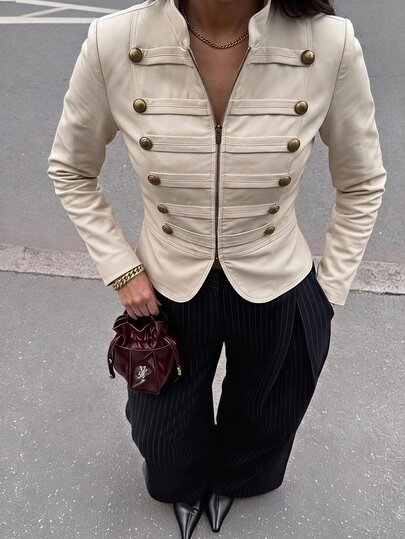 Lavishia Chaqueta de mujer de corte slim con cremallera delantera estilo Napoleón/militar en color caqui claro, atuendo de verano, para exteriores, concierto de música country, top de verano