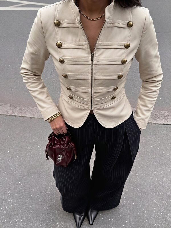 Lavishia Women's Elegant Double-Breasted Light Khaki Zip Front Napoleon/Military Jacket, Fall Outfit,Country Concert Attire, NapoleonJacket,Gothic Style,Autumn