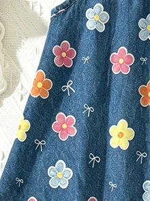 女童秋季白色與嫩黃色牛仔風吊帶洋裝，復古運動風花卉印花A字仙女風兒童時尚開學穿搭 - 彩色 - 查看 4