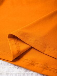 SHEIN EZwear 秋季萬聖節可愛貓咪豹紋幽靈圖案休閒圓領短袖修身女款T恤，夏季派對，Y2K風格，橘色 - 橘色 - 查看 5
