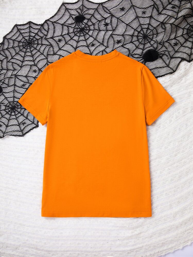 SHEIN EZwear Autumn New Halloween Cute Cat Leopard Print Ghost Graphic Casual Round Neck Short Sleeve Fitted Women's T-Shirt, Suitable For Halloween, Vintage Street Style, Suitable For Daily Commute, Dating, Party, Autumn/Winter, Summer, Party, Wedding, Beach, Graduation Ceremony And Other Occasions, Elegant Casual, Suitable For Outings, Y2K Style, Halloween And Other Occasions - Orange - View 2