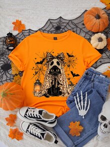 SHEIN EZwear 秋季萬聖節可愛貓咪豹紋幽靈圖案休閒圓領短袖修身女款T恤，夏季派對，Y2K風格，橘色 - 橘色 - 查看 1