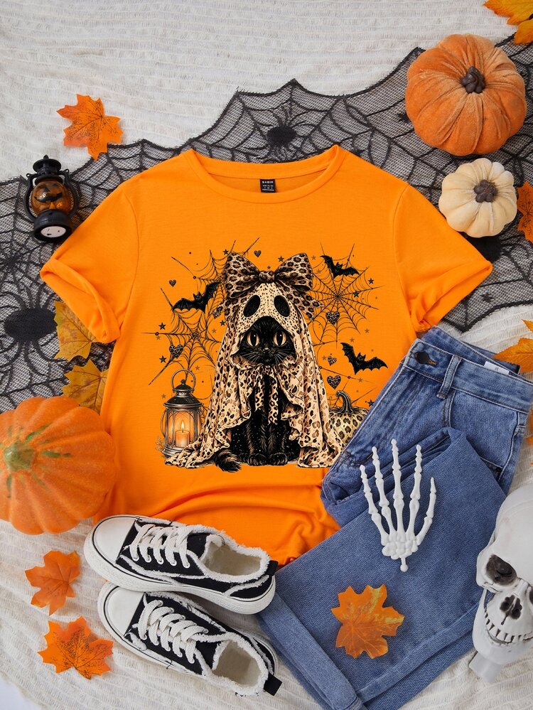 SHEIN EZwear Autumn New Halloween Cute Cat Leopard Print Ghost Graphic Casual Round Neck Short Sleeve Fitted Women's T-Shirt, Suitable For Halloween, Vintage Street Style, Suitable For Daily Commute, Dating, Party, Autumn/Winter, Summer, Party, Wedding, Beach, Graduation Ceremony And Other Occasions, Elegant Casual, Suitable For Outings, Y2K Style, Halloween And Other Occasions - Orange - View 1