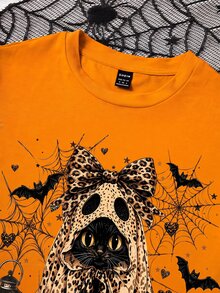 SHEIN EZwear 秋季萬聖節可愛貓咪豹紋幽靈圖案休閒圓領短袖修身女款T恤，夏季派對，Y2K風格，橘色 - 橘色 - 查看 3