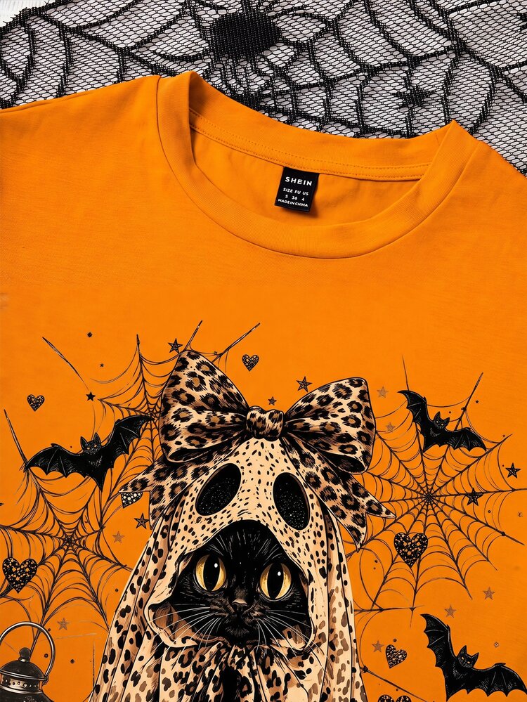 SHEIN EZwear Autumn New Halloween Cute Cat Leopard Print Ghost Graphic Casual Round Neck Short Sleeve Fitted Women's T-Shirt, Suitable For Halloween, Vintage Street Style, Suitable For Daily Commute, Dating, Party, Autumn/Winter, Summer, Party, Wedding, Beach, Graduation Ceremony And Other Occasions, Elegant Casual, Suitable For Outings, Y2K Style, Halloween And Other Occasions - Orange - View 3