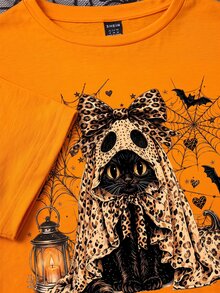 SHEIN EZwear 秋季萬聖節可愛貓咪豹紋幽靈圖案休閒圓領短袖修身女款T恤，夏季派對，Y2K風格，橘色 - 橘色 - 查看 4
