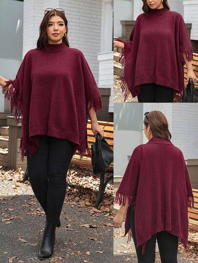 Comfylo Plus Size Women's Solid Color Tassel Design Casual Versatile Daily Wear Knit Top