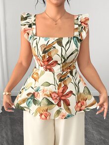 Elenzga Plus Size Women's Elegant Vacation Square Neck Printed 2 Pieces Set Tea Party Beige Summer - Multicolor - View 8