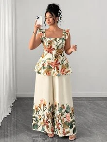 Elenzga Plus Size Women's Elegant Vacation Square Neck Printed 2 Pieces Set Tea Party Beige Summer - Multicolor - View 5